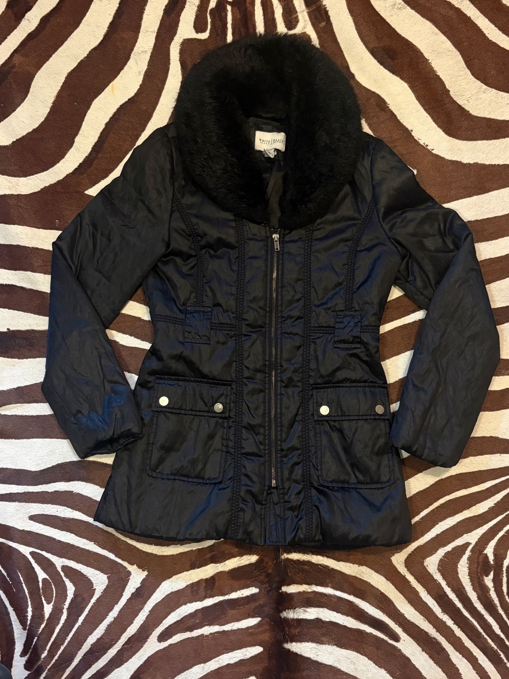 White House Black Market Black Trench Coat with Faux Fur Collar